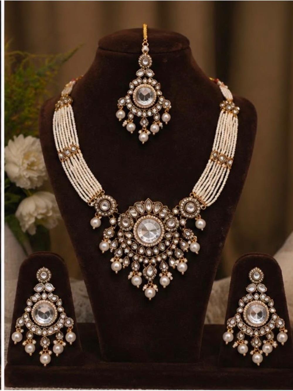Traditional Pearl and Kundan Bridal Necklace Set - White Pearls